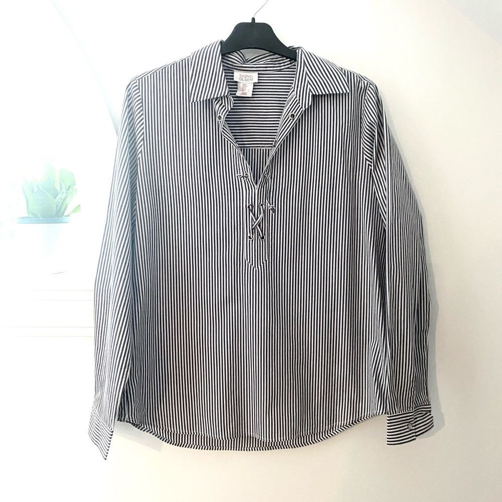 Sigrid Olsen Womens S Blue White Striped Lace Up Popover Shirt Nautical Blouse - Picture 2 of 8